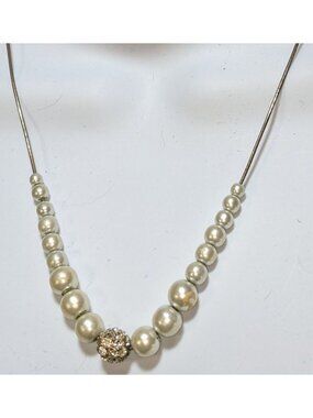 Vintage Faux Pearl Necklace Cream Rhinestone Accent Wedding Glam Costume Jewelry
